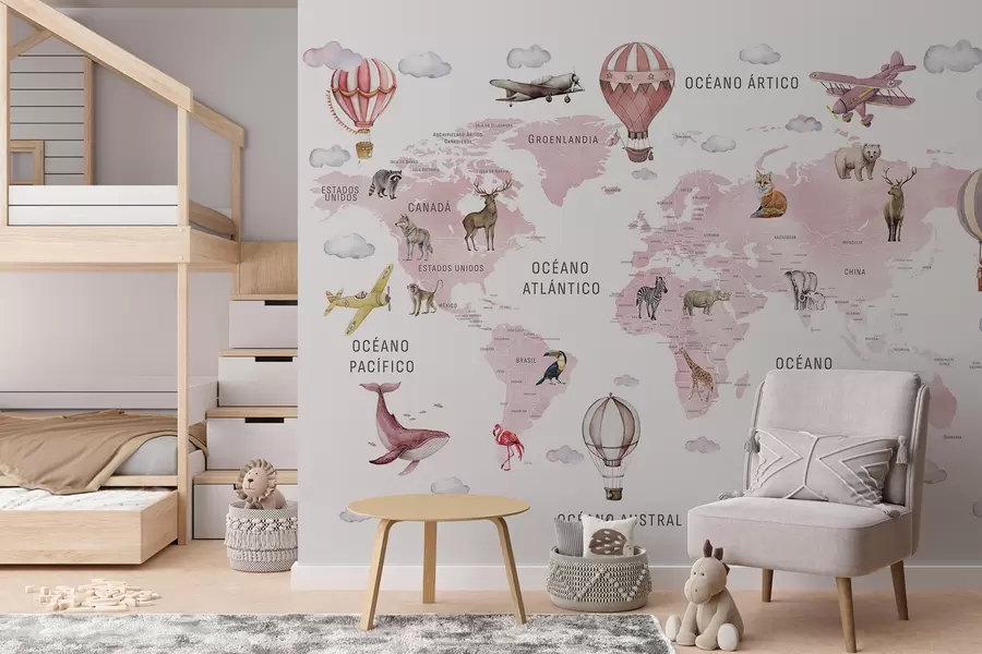 murales de pared Mapa infantil en estilo acuarela con animales y globos aerostáticos. En español. Color rosa c00001esv3