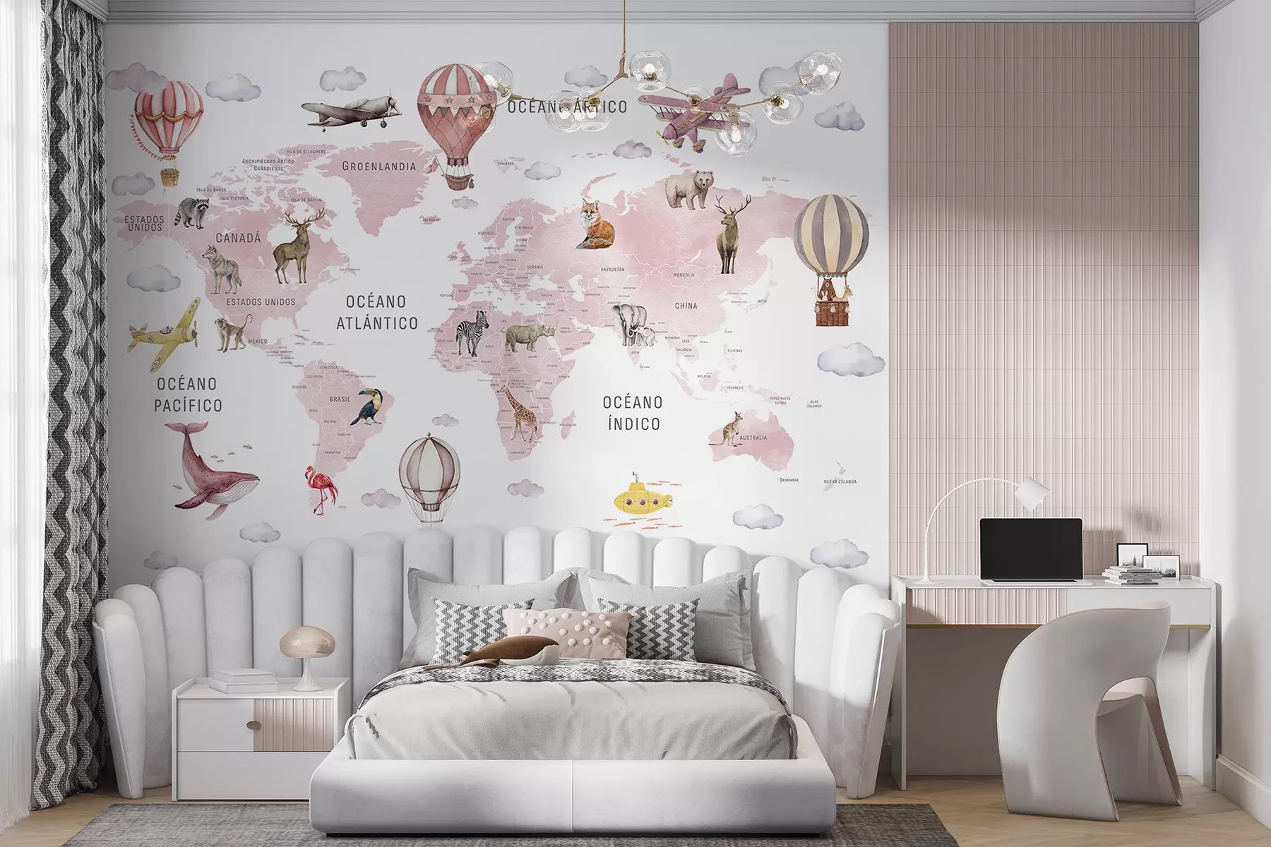 murales de pared Mapa infantil en estilo acuarela con animales y globos aerostáticos. En español. Color rosa c00001esv3