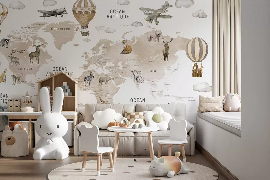 murales de pared Mapa infantil en estilo acuarela con animales y globos aerostáticos. Idioma francés. Color beige c00001frv2