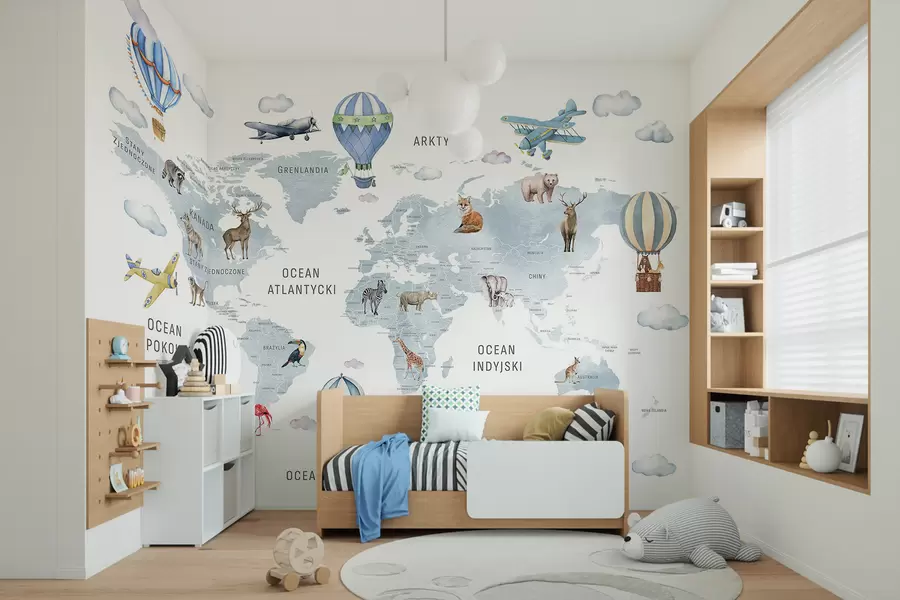 murales de pared Mapa infantil en estilo acuarela con animales y globos aerostáticos. Idioma polaco. Color azul. c00001plv1