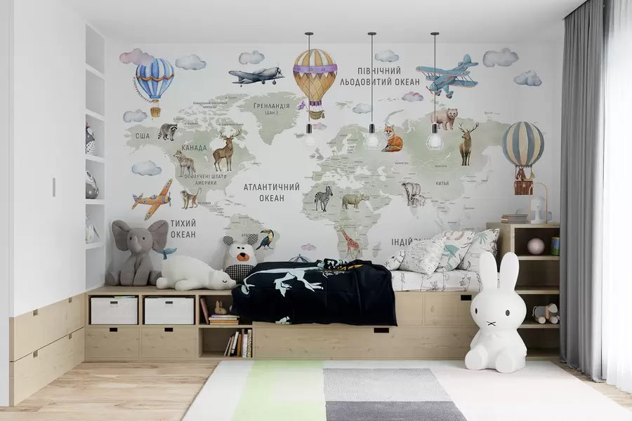 murales de pared Mapa infantil en estilo acuarela con animales y globos aerostáticos. Idioma ucraniano. Color verde. c00001uk