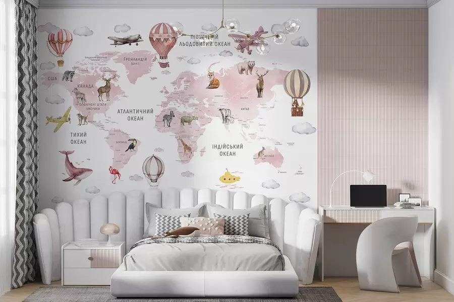 murales de pared Mapa infantil en estilo acuarela con animales y globos aerostáticos. Idioma ucraniano. Color rosa. c00001ukv3