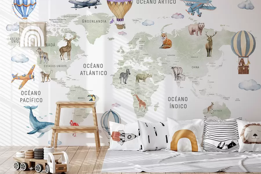 murales de pared Mapa infantil en estilo acuarela con animales y globos aerostáticos. En español. Color verde. c00001es