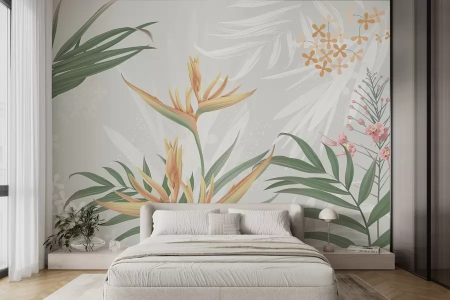 murales de pared Exóticas flores de Strelitzia entre el follaje w04783