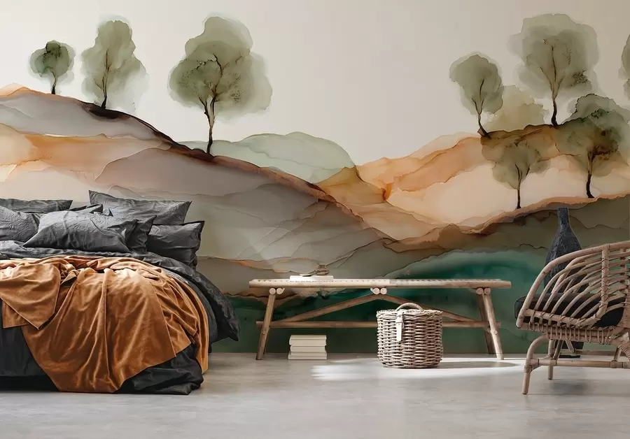 murales de pared Paisaje abstracto en estilo tinta alcohólica: colinas y árboles en tonos pastel. w09457