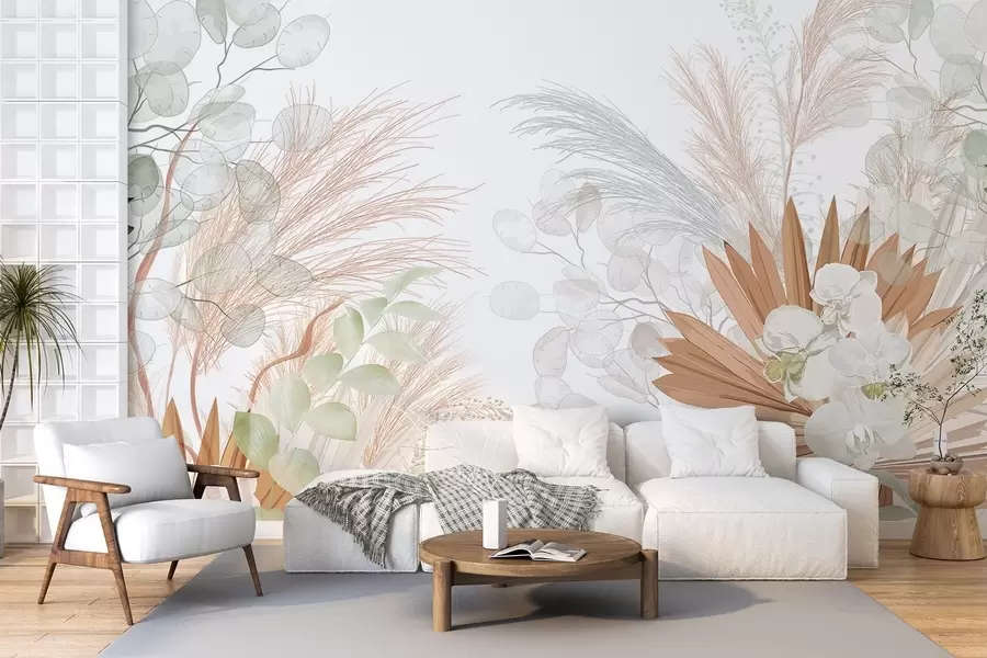 murales de pared Hierba de la pampa, eucalipto, hojas tropicales y orquídeas sobre fondo blanco, colores pastel w09366