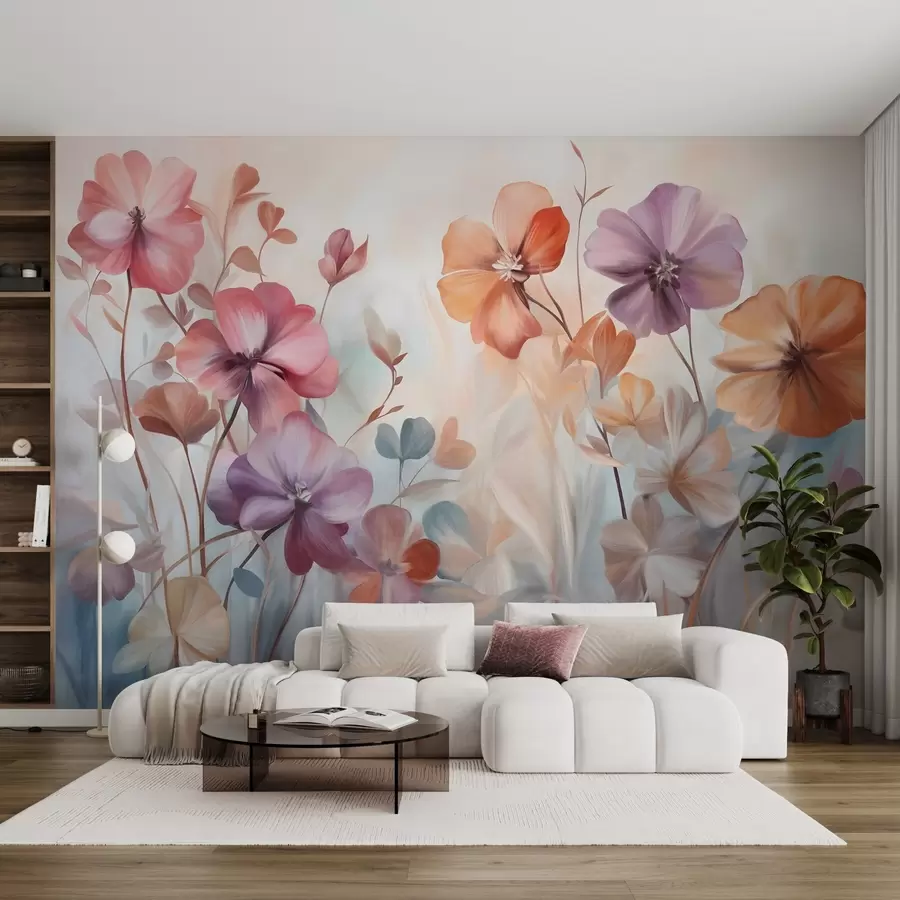Murales de pared Arreglo floral texturizado con flores rosas, moradas y naranjas con tallos y hojas verdes, en suaves colores pastel w09486 murales de pared Arreglo floral texturizado con flores rosas, moradas y naranjas con tallos y hojas verdes, en suaves colores pastel w09486