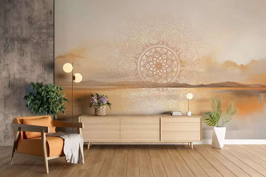murales de pared Diseño mandala simétrico con textura superpuesto a un paisaje con mar, colinas y cielo, en suaves colores pastel w09491