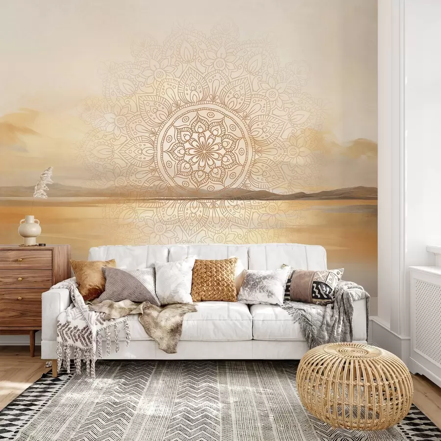 Murales de pared Diseño mandala simétrico con textura superpuesto a un paisaje con mar, colinas y cielo, en suaves colores pastel. w09491 murales de pared Diseño mandala simétrico con textura superpuesto a un paisaje con mar, colinas y cielo, en suaves colores pastel. w09491