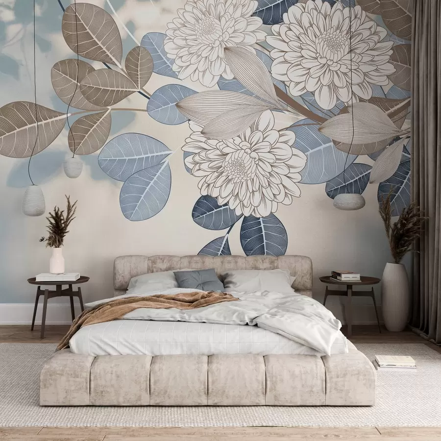 Murales de pared Flores blancas con hojas azules y marrones, fondo azul claro con textura, arreglo floral, dibujo lineal detallado w09496 murales de pared Flores blancas con hojas azules y marrones, fondo azul claro con textura, arreglo floral, dibujo lineal detallado w09496