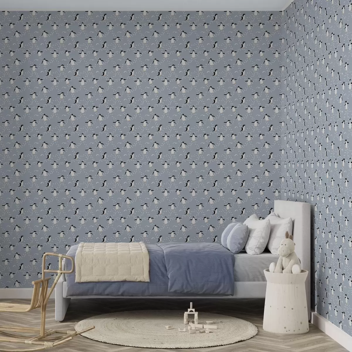 Papel pintado Pingüinos sobre fondo gris azulado con huellas a00655 Papel pintado Pingüinos sobre fondo gris azulado con huellas a00655