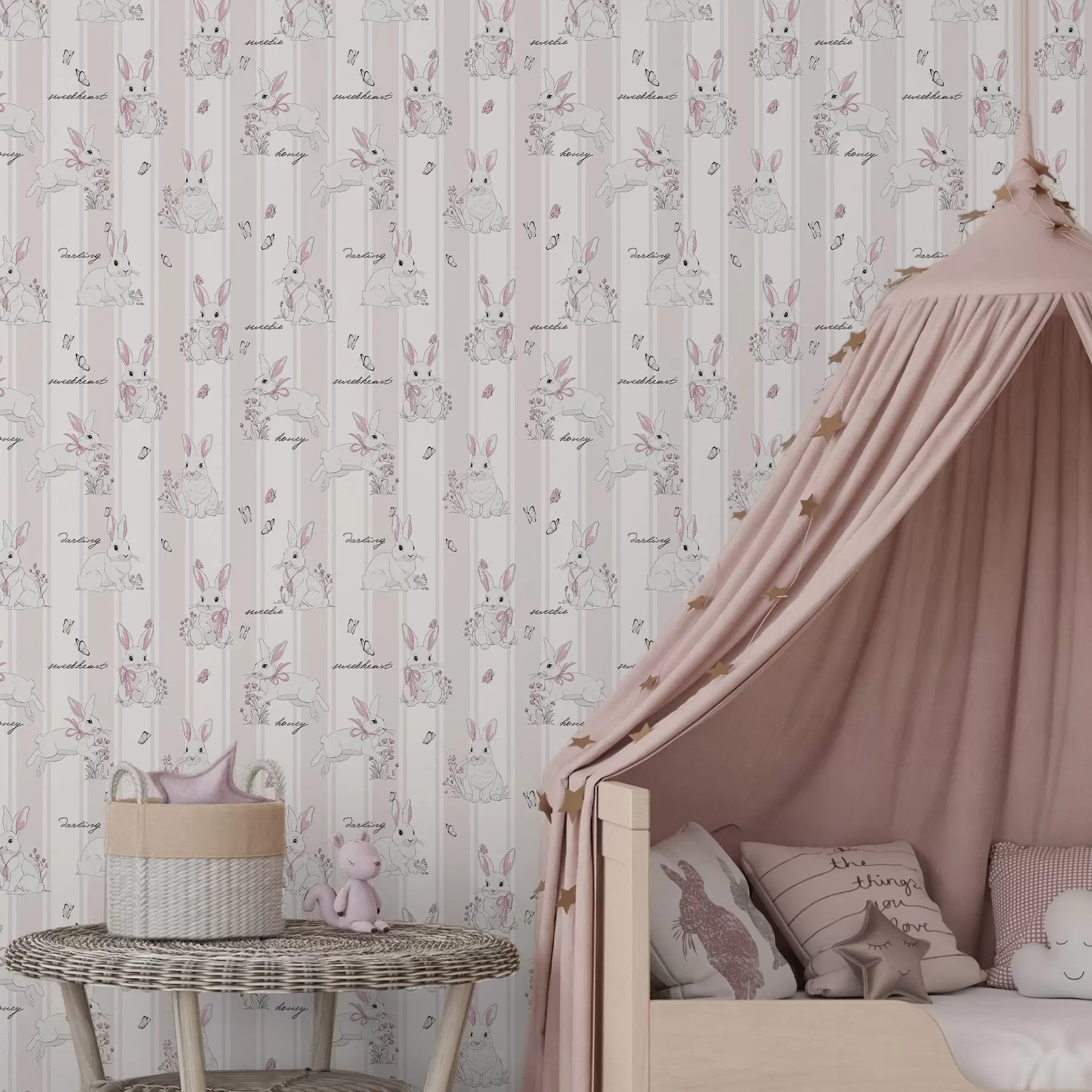 murales de pared Conejitos con lazos, rayas rosas y pequeñas letras a00657