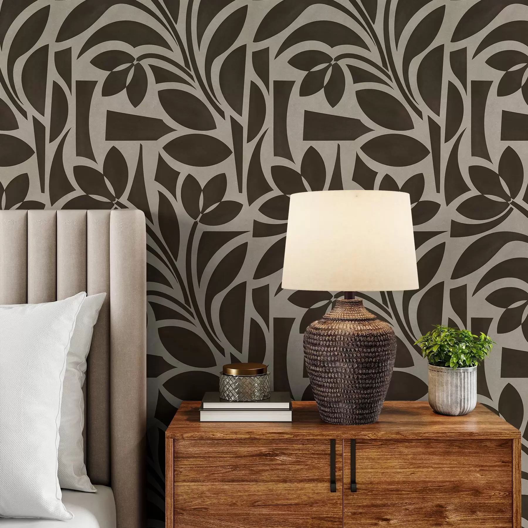 murales de pared Siluetas geométricas de hojas, marrón oscuro sobre beige a00679v1