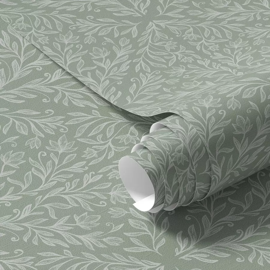 murales de pared Damasco botánico sobre fondo menta-oliva a00815
