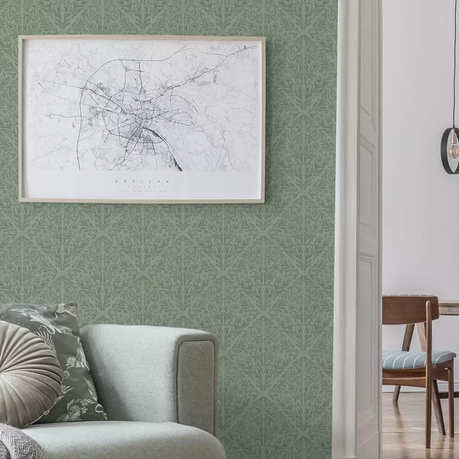 murales de pared Damasco botánico fino en verde apagado a00815v1