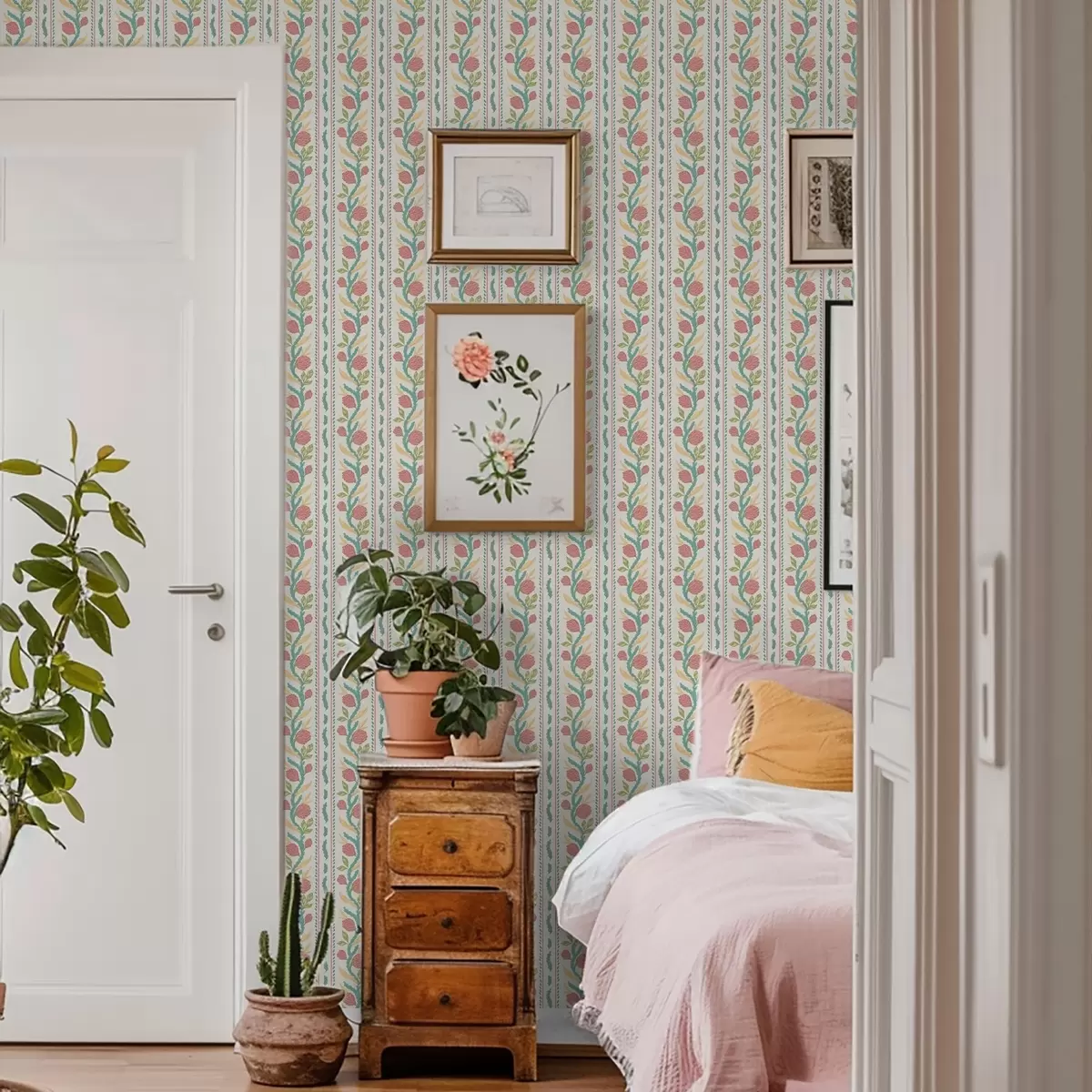 Papel pintado Rayas con capullos de coral sobre fondo crema claro. a00816v1 Papel pintado Rayas con capullos de coral sobre fondo crema claro. a00816v1