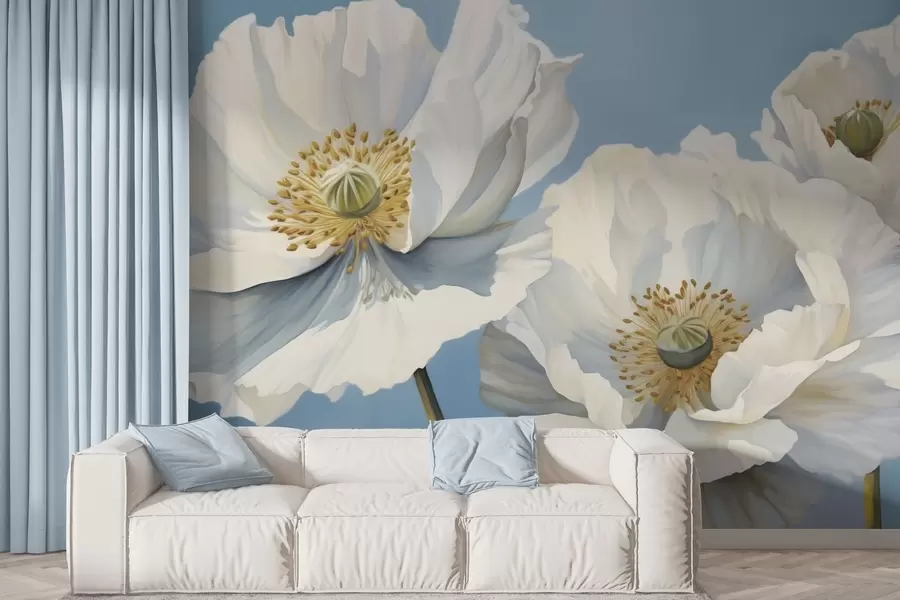 murales de pared Amapolas blancas con pétalos grandes sobre un fondo azul cielo w04786