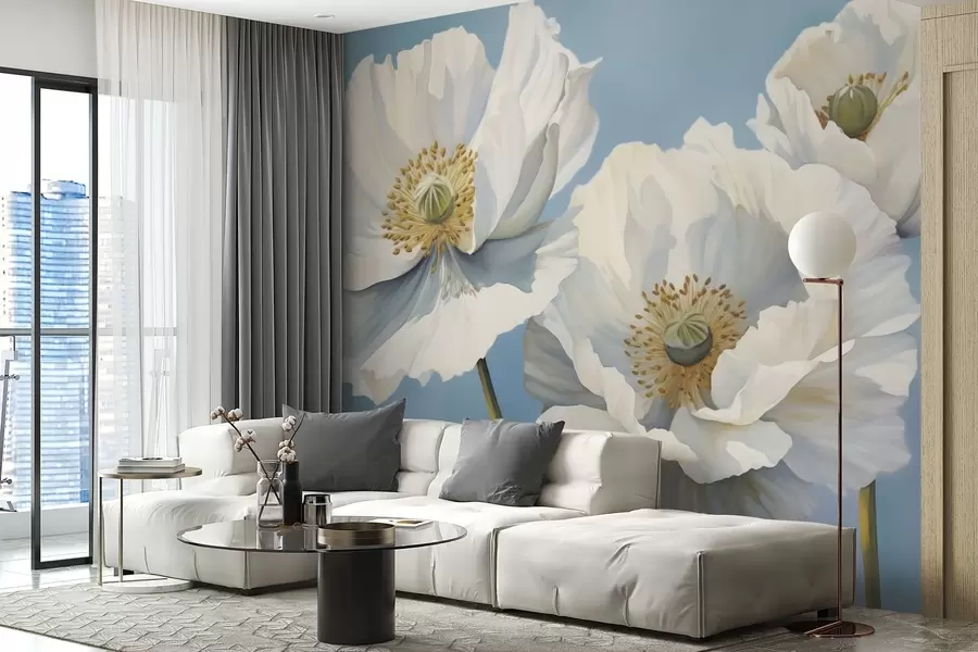 murales de pared Amapolas blancas con pétalos grandes sobre un fondo azul cielo w04786