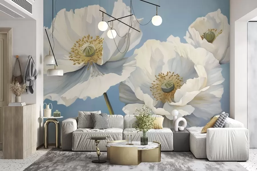murales de pared Amapolas blancas con pétalos grandes sobre un fondo azul cielo w04786