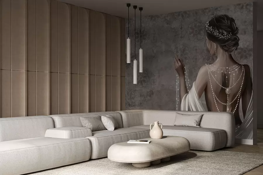 murales de pared Mujer vista desde atrás con perlas, fondo con patrón de piedras grises w04854