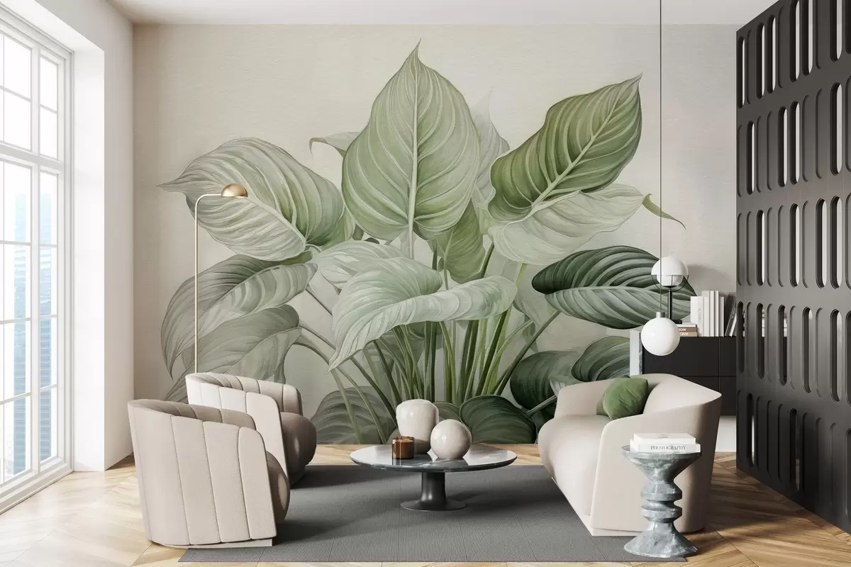 murales de pared Exuberante arbusto de hojas verdes en la pared w04835