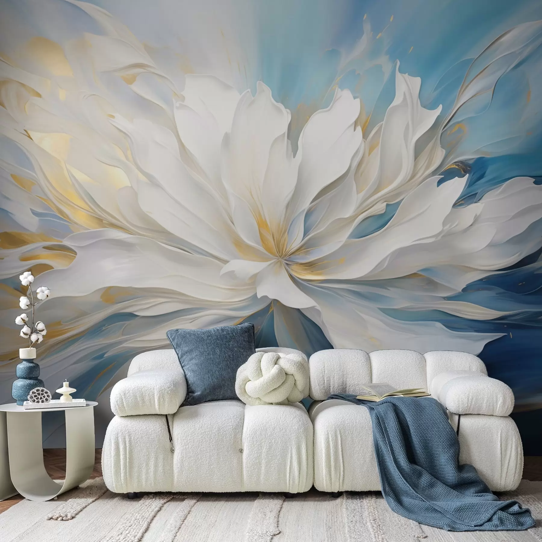 murales de pared Gran peonía blanca en estilo pintura al óleo sobre fondo azul y amarillo w09511