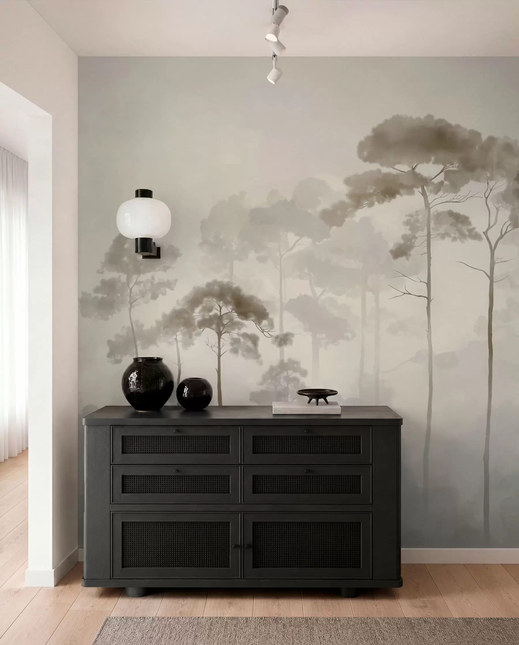 murales de pared siluetas ligeras de pinos en estilo acuarela w04634