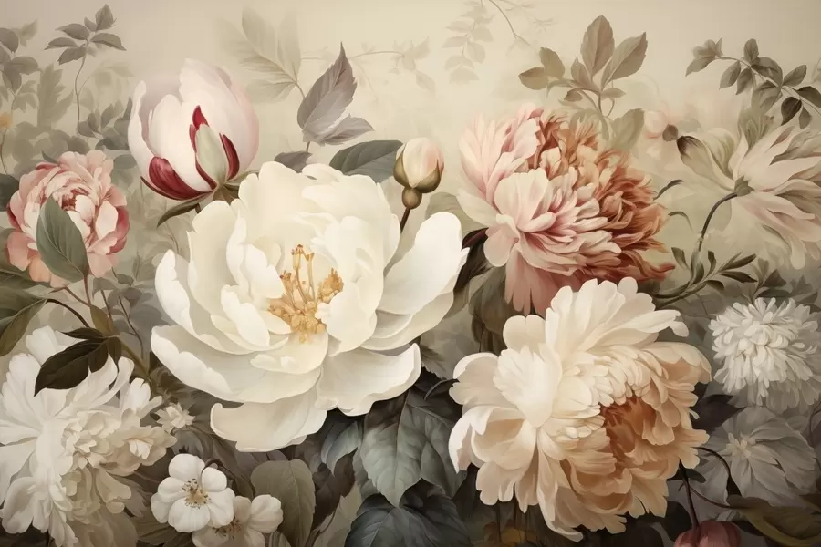 murales de pared Delicadas peonías y crisantemos en tonos pastel w09350
