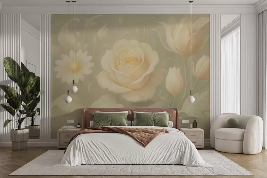 murales de pared Delicada composición vintage con rosas beige sobre fondo verde claro. w09499