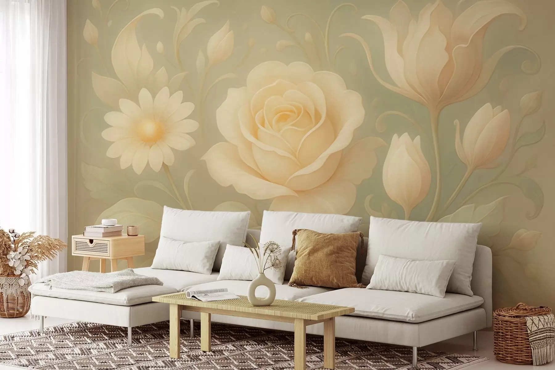 murales de pared Delicada composición vintage con rosas beige sobre fondo verde claro. w09499