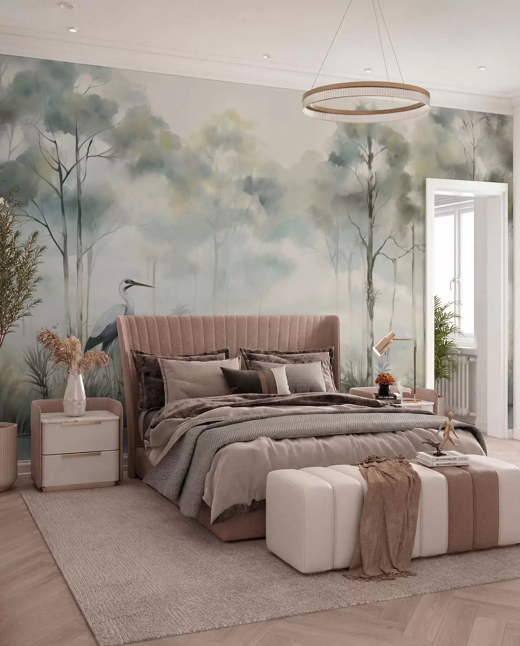 murales de pared Garzas junto al bosque brumoso w04788