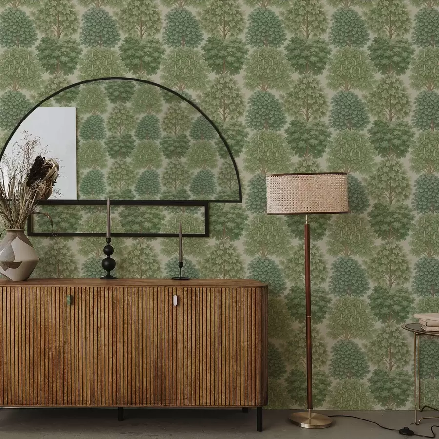 murales de pared Jardín de árboles en suaves tonos verdes sobre un fondo claro. a00775