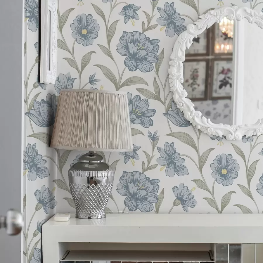 murales de pared Flores azules polvorientas con hojas de olivo sobre fondo blanco. a00780