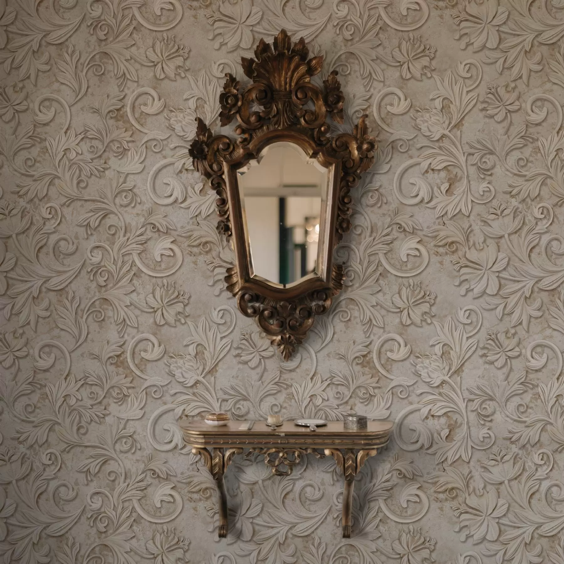 murales de pared Relieve en piedra con volutas florales, beige vintage a00784