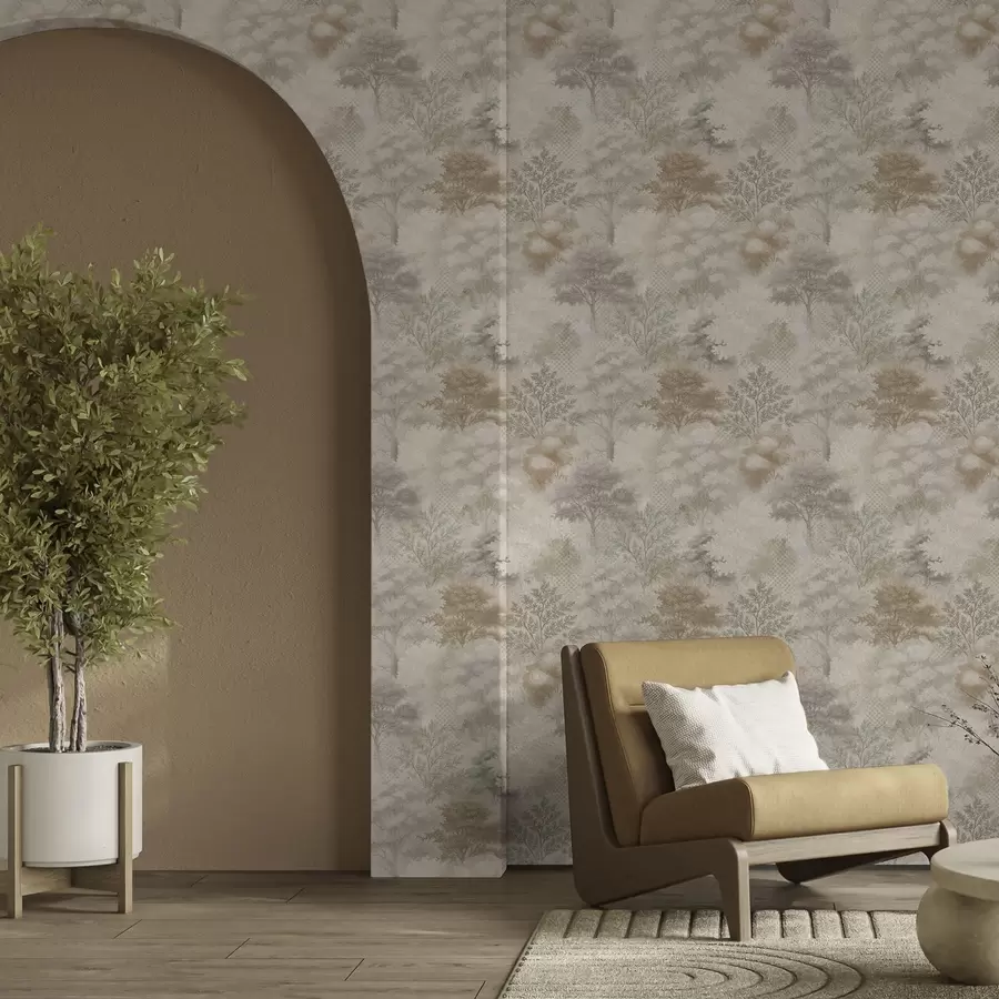 murales de pared Bosque apacible envuelto en niebla, suaves tonos beige y grisáceos. a00785