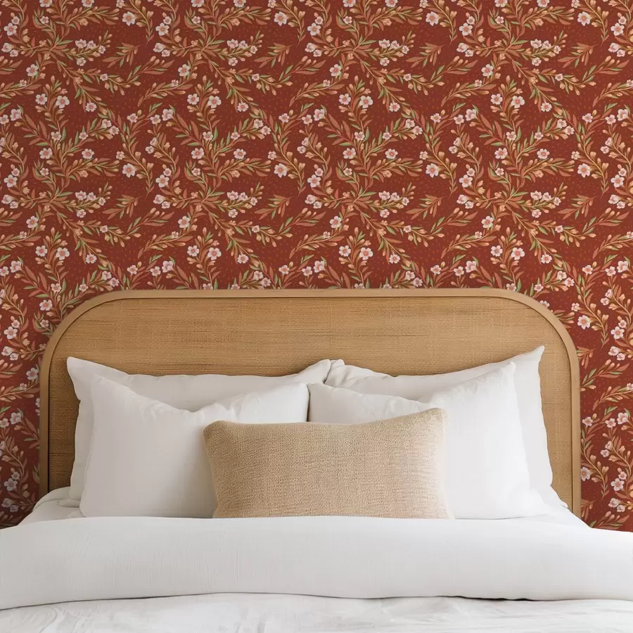 murales de pared Ramas con flores blancas sobre fondo terracota a00850v1