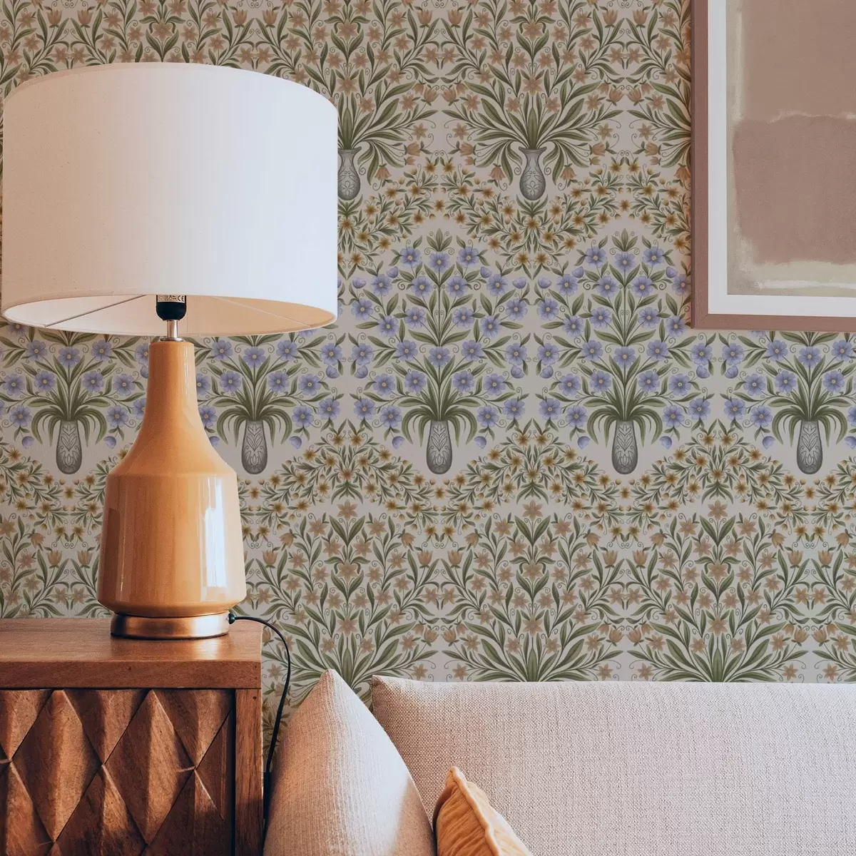 murales de pared Jarrones populares con flores azules y hojas de olivo sobre fondo rosado. a00900