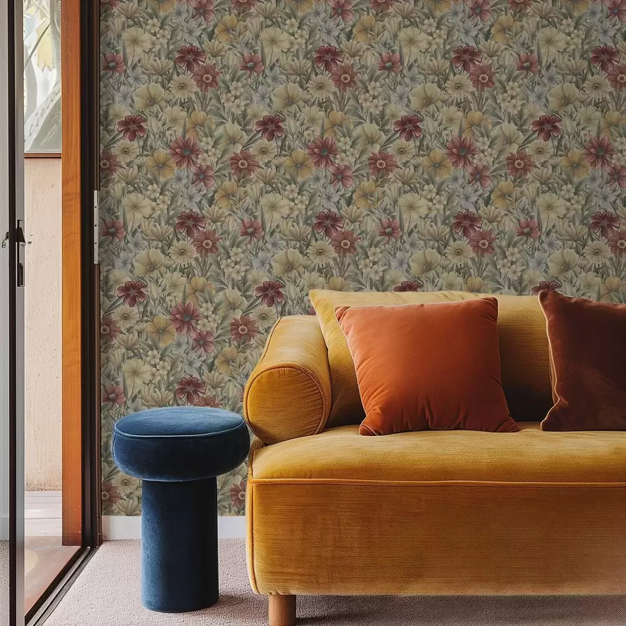 murales de pared Flores de pradera vintage en cálidos tonos amarillos, rojos y salvia. a00906