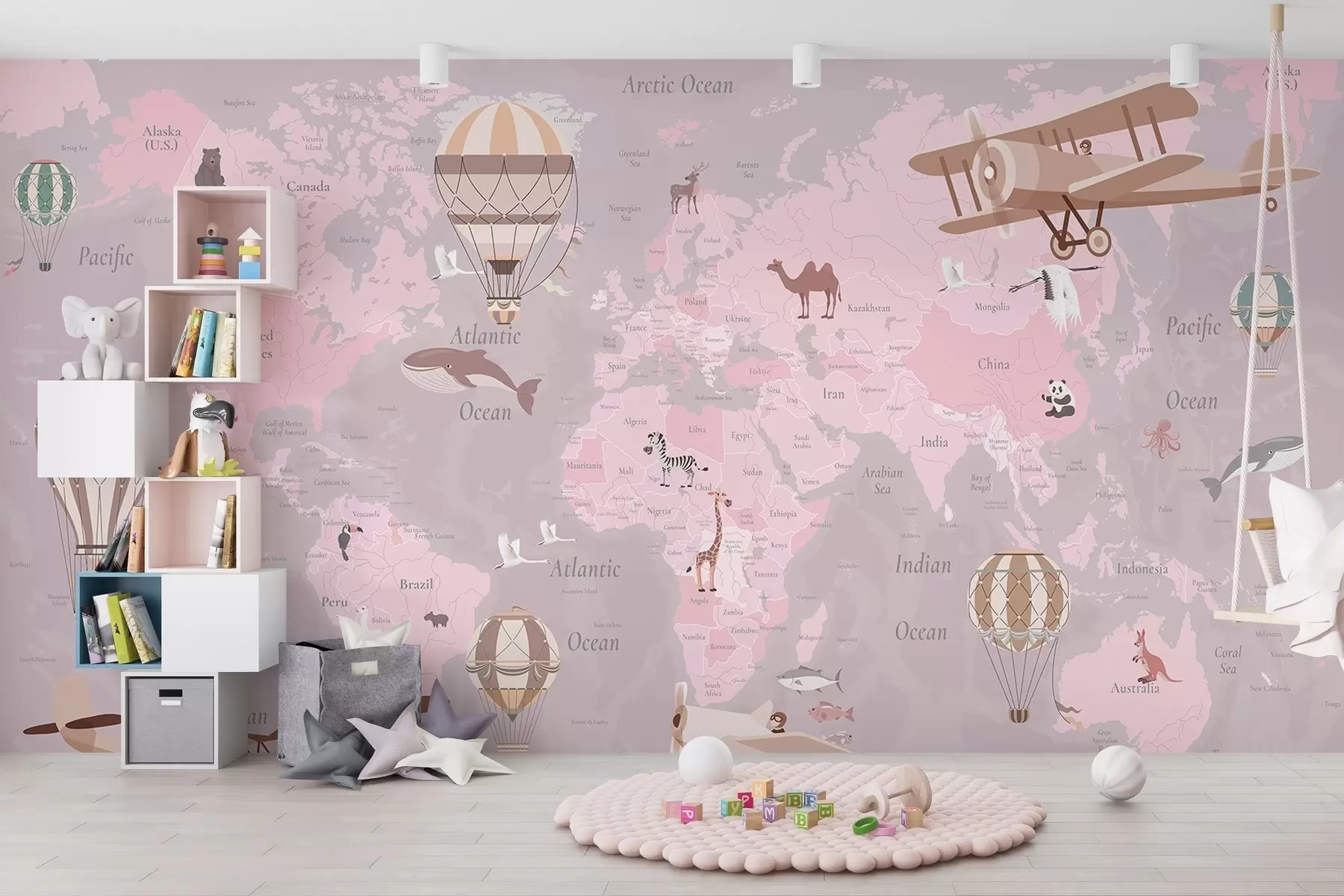 murales de pared Mapa del mundo para niños con animales, aviones y globos aerostáticos. En inglés. Color rosa. c00003env3