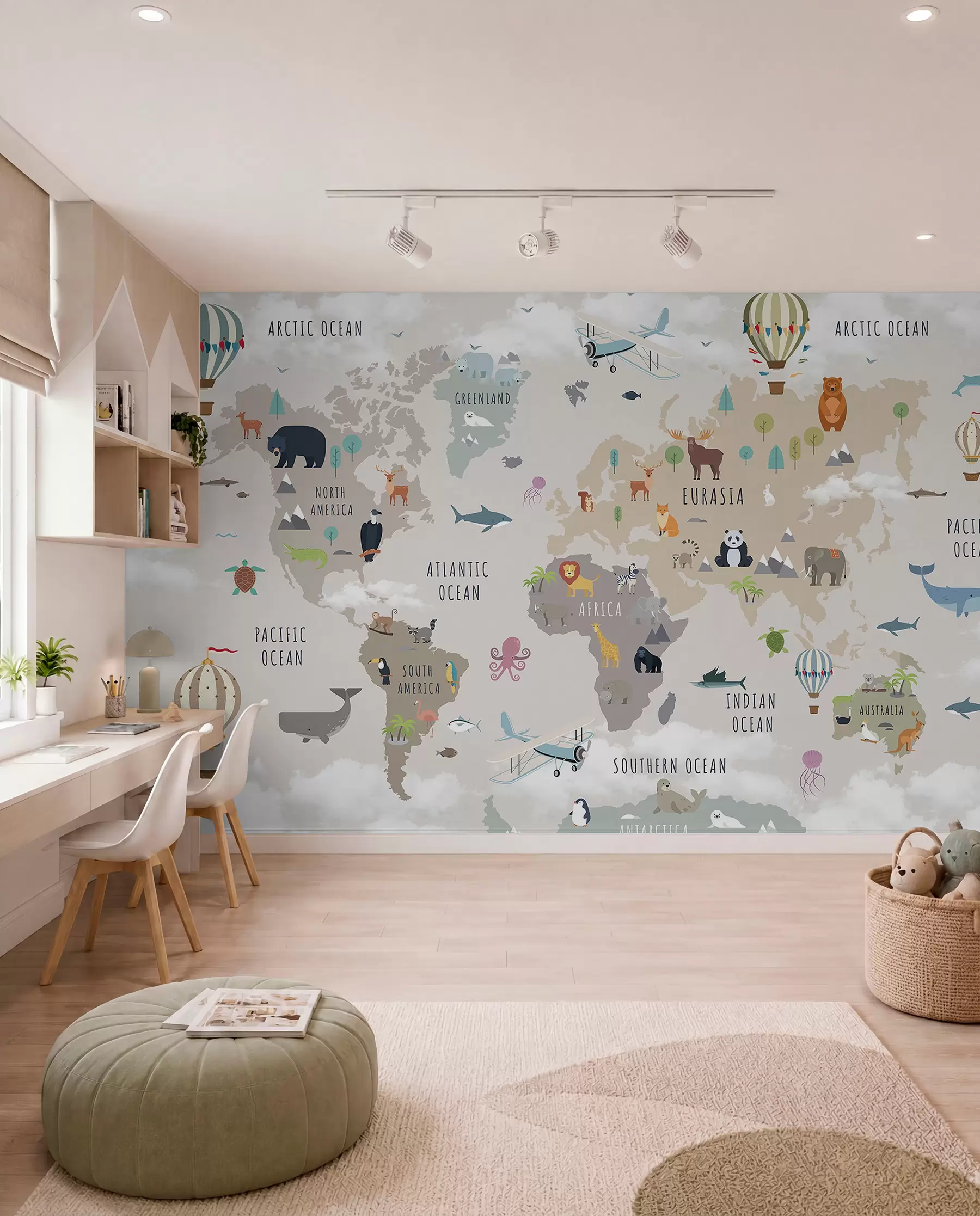 murales de pared Mapa del mundo para niños con animales y globos aerostáticos. En inglés. c00002en