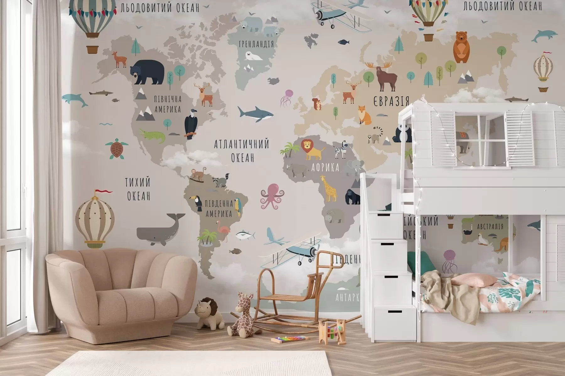 murales de pared Mapa del mundo para niños con animales y globos aerostáticos. Idioma ucraniano. c00002uk
