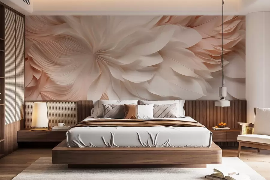 murales de pared Delicadas plumas abstractas en movimiento en tonos beige y crema w09509