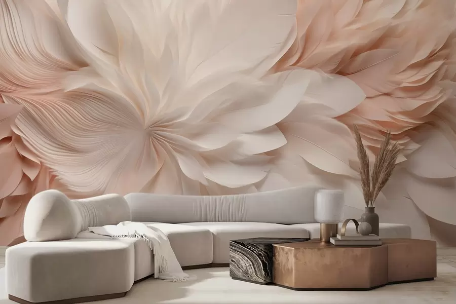 murales de pared Delicadas plumas abstractas en movimiento en tonos beige y crema w09509