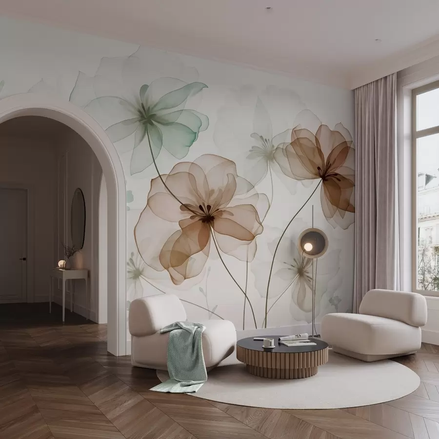 murales de pared Flores translúcidas con pétalos marrones y verdes, tallos largos, fondo claro, colores suaves, diseño floral con textura. w09529