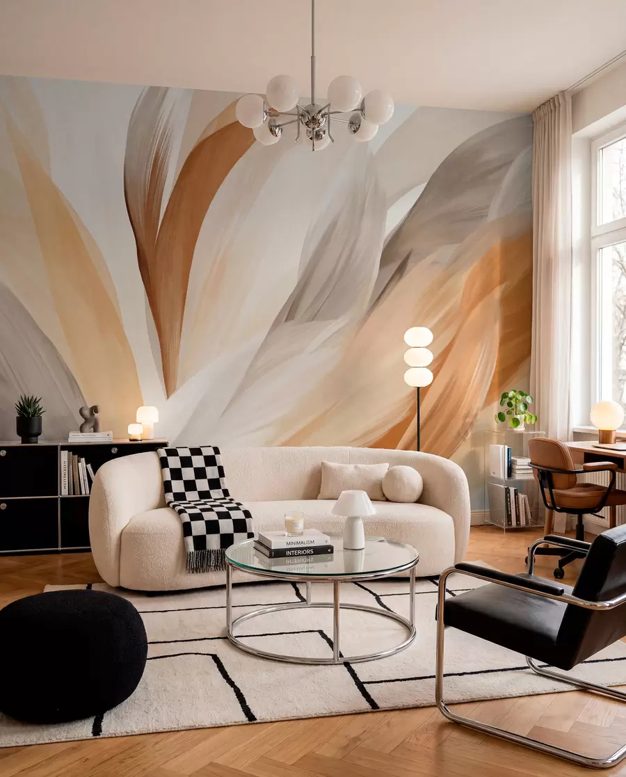 murales de pared Plumas abstractas con textura en marrón, blanco y gris y varios tonos, superpuestas sobre un fondo blanco w09531