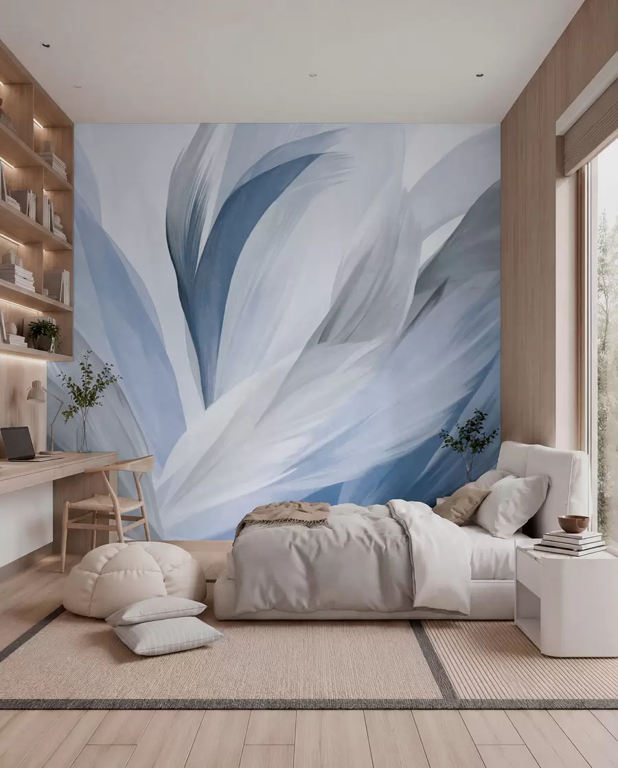 murales de pared Plumas abstractas con textura en azul, blanco y gris y varios tonos, superpuestas sobre un fondo blanco w09531v1