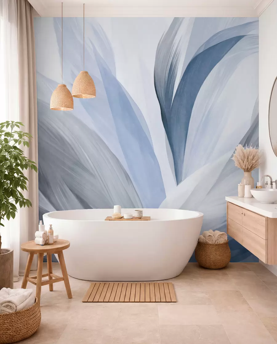 murales de pared Plumas abstractas con textura en azul, blanco y gris y varios tonos, superpuestas sobre un fondo blanco w09531v1