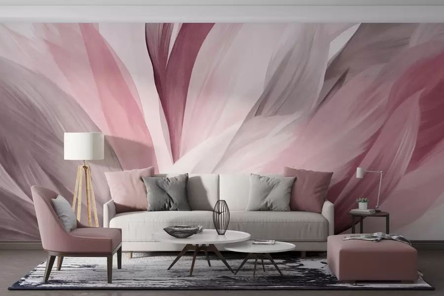 murales de pared Plumas abstractas con textura en rosa, blanco y gris y varios tonos, superpuestas sobre un fondo blanco. w09531v2