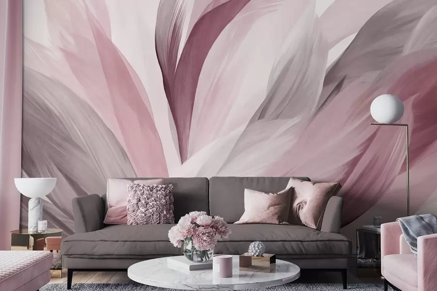 murales de pared Plumas abstractas con textura en rosa, blanco y gris y varios tonos, superpuestas sobre un fondo blanco w09531v2