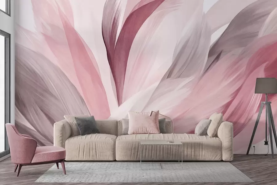 murales de pared Plumas abstractas con textura en rosa, blanco y gris y varios tonos, superpuestas sobre un fondo blanco w09531v2